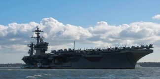Aircraft carrier at sea with fighter jets on deck
