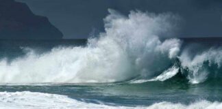 Crashing ocean waves against the shore under a cloudy sky