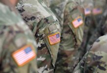 U.S. flag patches on camouflage military uniforms