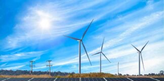 Solar panels with wind turbines in a sunny landscape