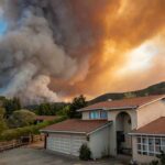 Suburban house under towering wildfire smoke plume