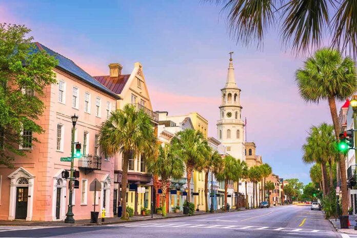 historic street with pastel buildings and church steeple at dusk