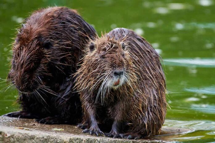shutterstock_1923251882 Two wet nutria sitting on a concrete edge by green water