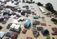 Aerial view of flooded residential neighborhood