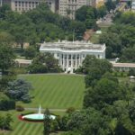 White House south lawn with fountain and surrounding trees