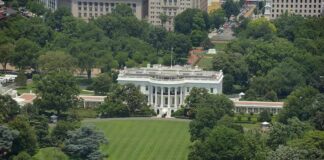 White House south lawn with fountain and surrounding trees