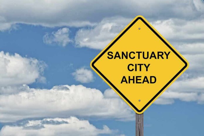 shutterstock_713047285 yellow road sign with sanctuary city message against cloudy sky