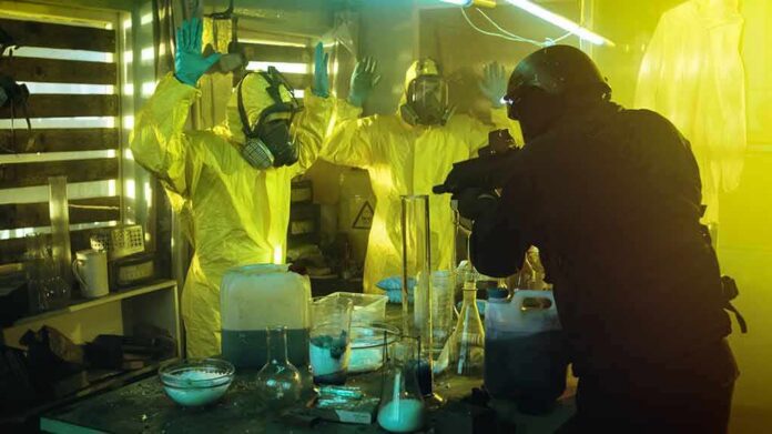 armed officer confronts people in hazmat suits inside a lab