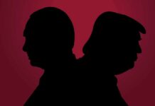 Overnight Turnaround After Trump Push silhouettes of two people back to back on a red background
