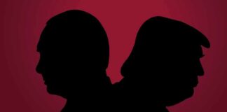 silhouettes of two people back to back on a red background