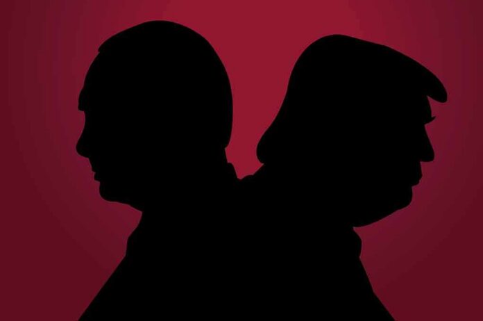 silhouettes of two people back to back on a red background