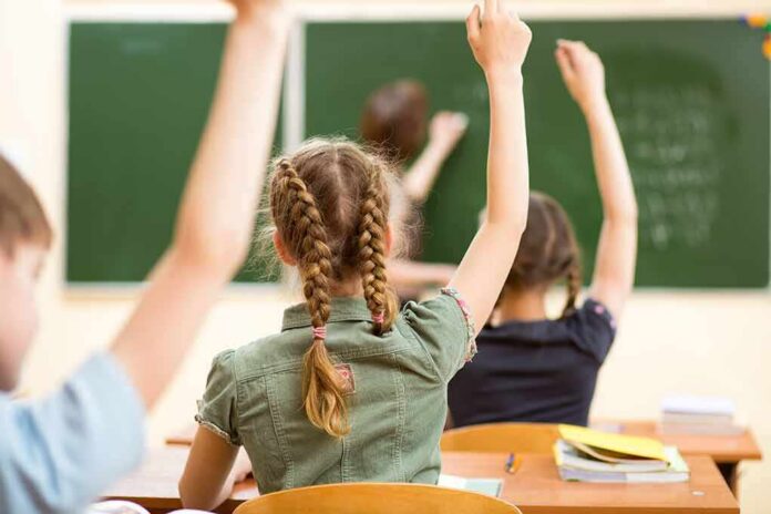 students raising hands in a classroom
