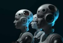 Robot Babysitter Invades Brooklyn row of humanoid robots with mechanical heads in profile