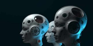 Robot Babysitter Invades Brooklyn row of humanoid robots with mechanical heads in profile