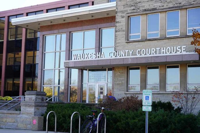 Waukesha County Courthouse entrance with glass facade and signage