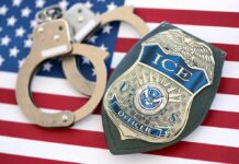 ICE Mix-Up Turns Violent In Evanston ICE officer badge and handcuffs on an American flag
