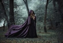 Woman in a flowing purple cloak holding a book in a misty forest