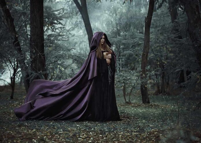 shutterstock_500896363 Woman in a flowing purple cloak holding a book in a misty forest