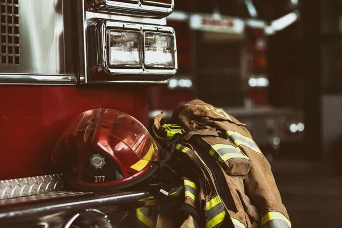 Firefighter helmet and turnout gear resting on a fire engine